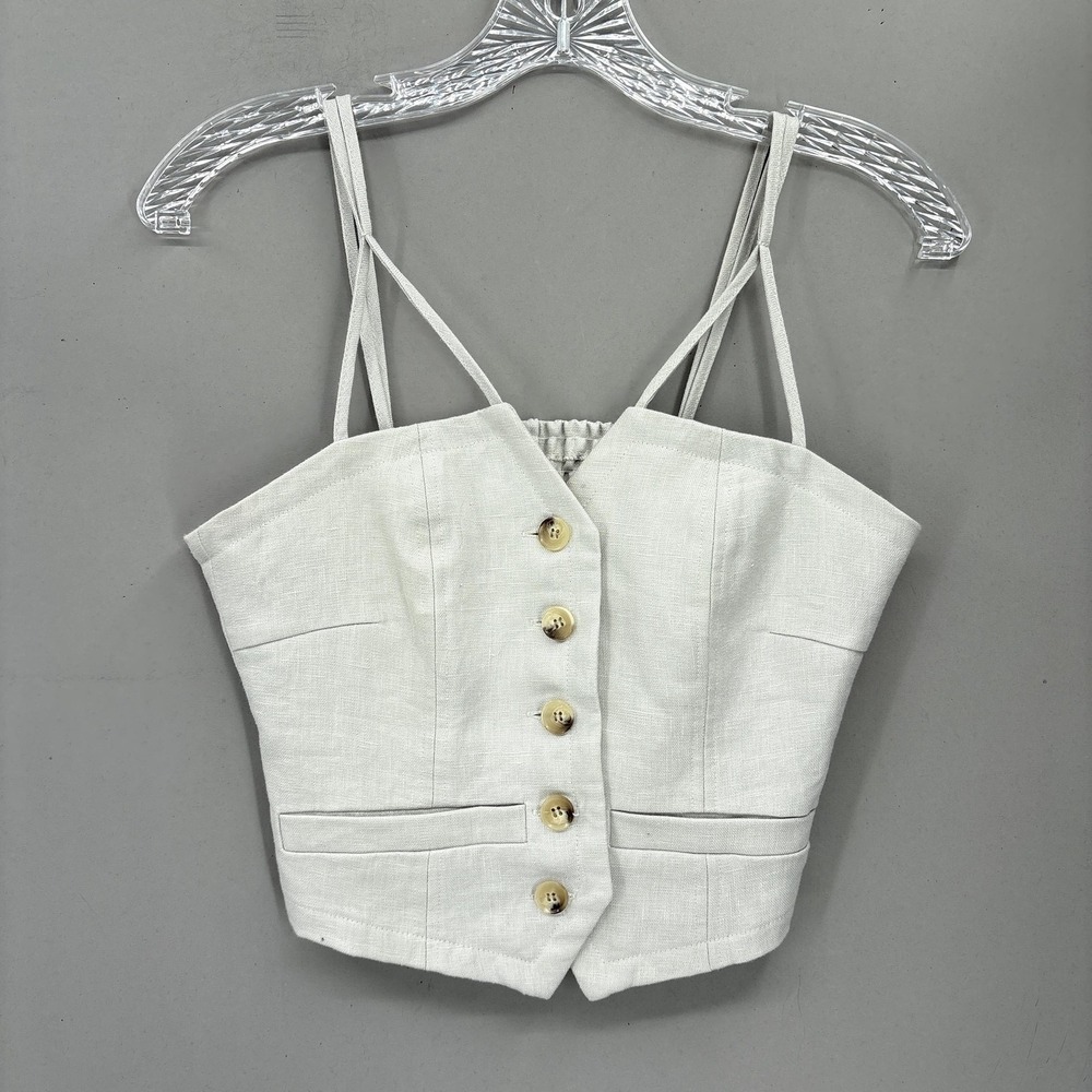 Maria Cher Tank Top‎ Womens XS White Linen Cropped Button Front Strappy Summer
